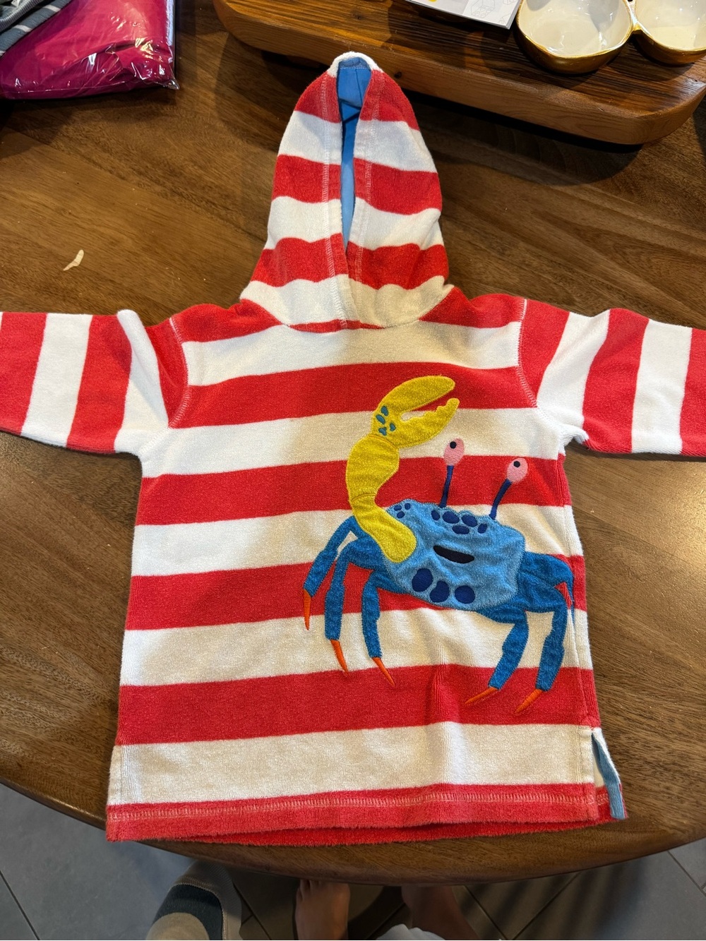 Mini Boden Kids Red & White Stripe Hooded Toweling Coverup with Crab Appliqué